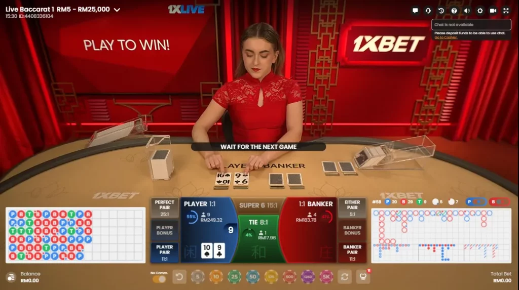 Live baccarat session at 1xBet Live Casino in Singapore