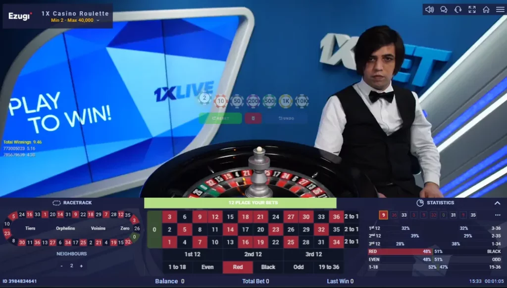 Roulette game with dealer at 1xBet Live Casino in Singapore